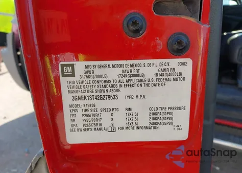 2002 Chevrolet Avalanche 1500 from USA, damaged, VIN 3GNEK13T42G279633